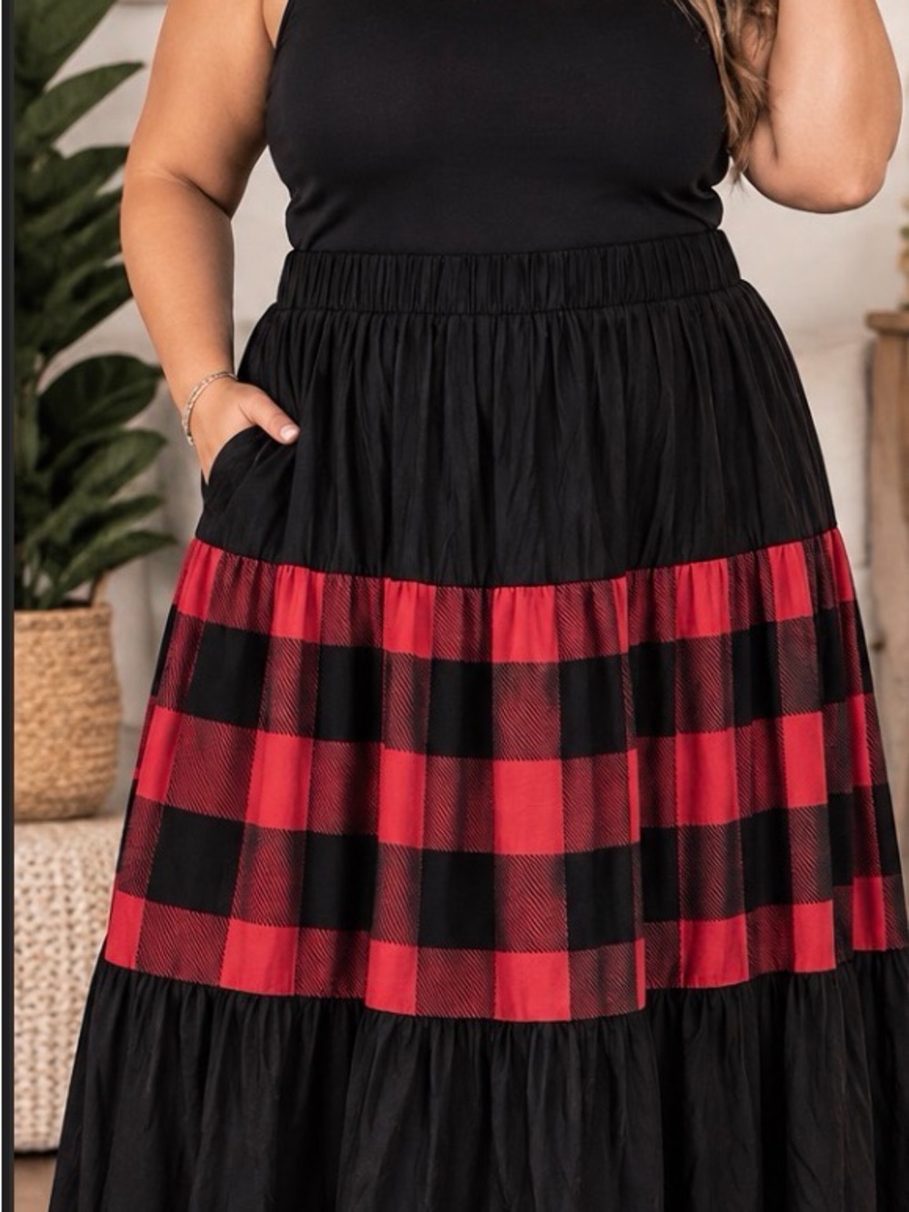 Plus-Size Black and Red Buffalo Plaid Tiered Maxi Skirt